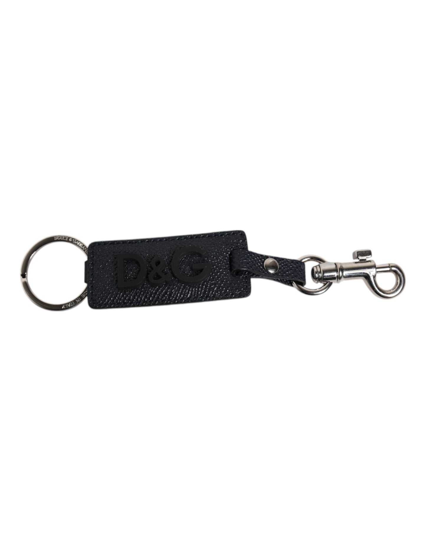 Dolce & Gabbana Blue Calf Leather DG Logo Silver Brass Keyring Keychain
