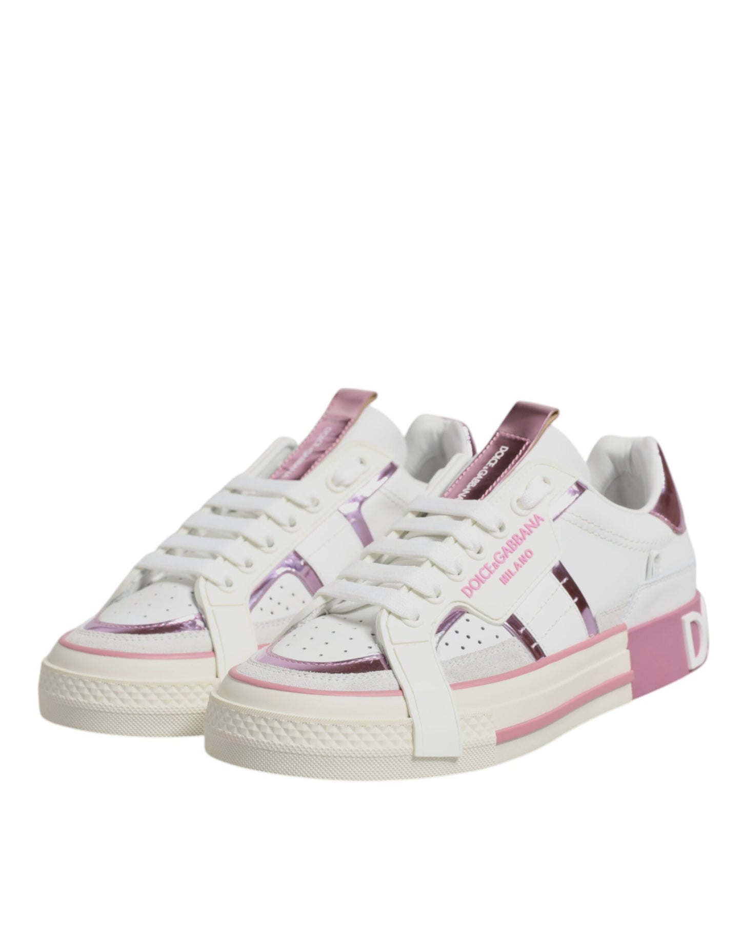 Dolce & Gabbana White Pink Leather Low Top Sneakers Shoes