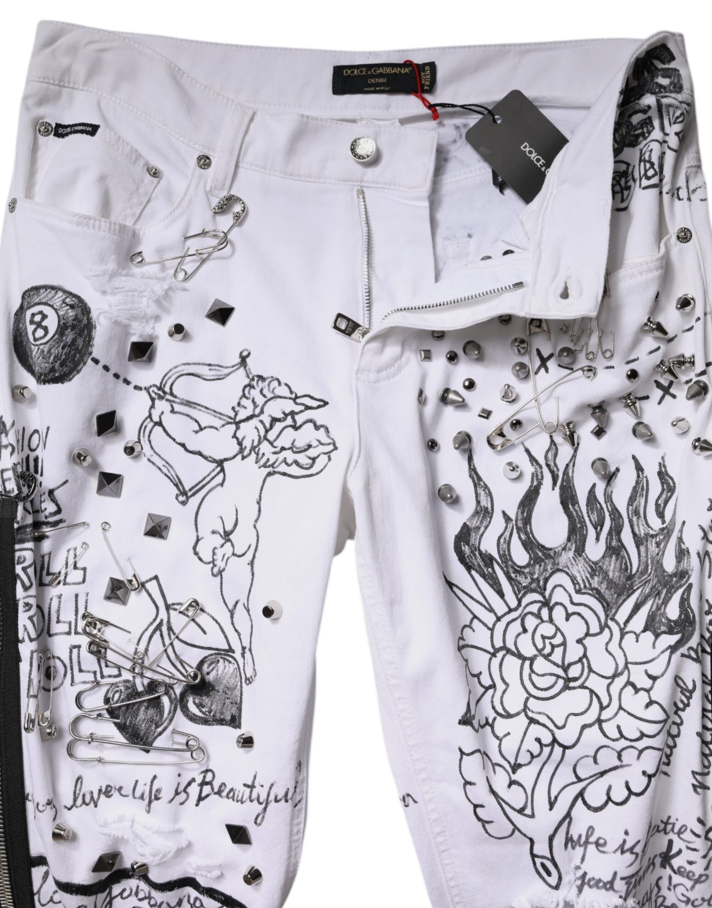 Dolce & Gabbana White Printed Embellished Skinny Denim Jeans