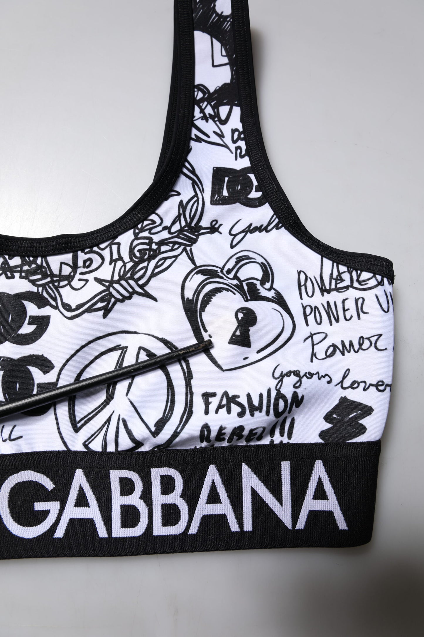 Dolce & Gabbana White Graffiti Print Logo Band Sports Bra Top