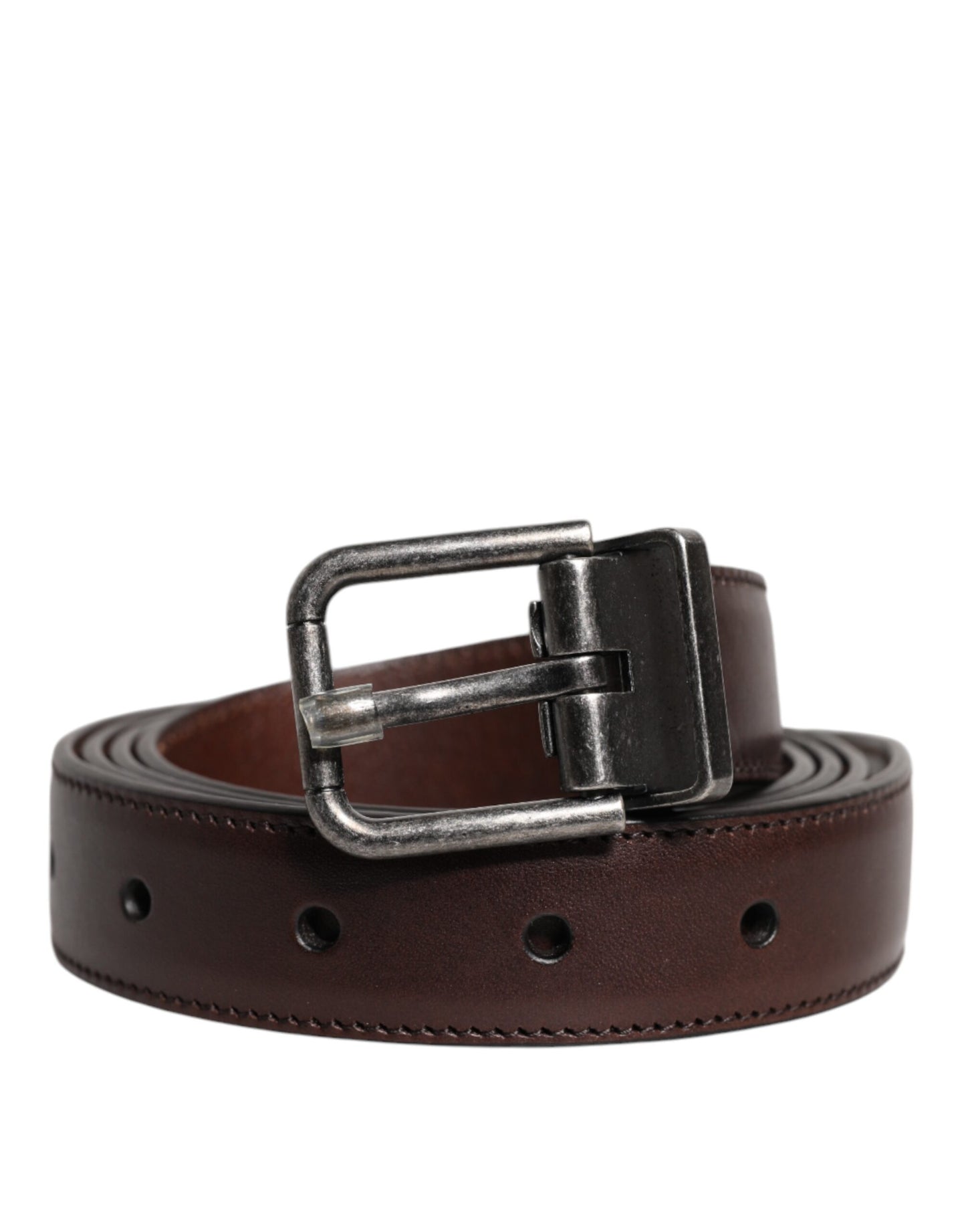 Dolce & Gabbana Brown Leather Silver Metal Buckle Belt