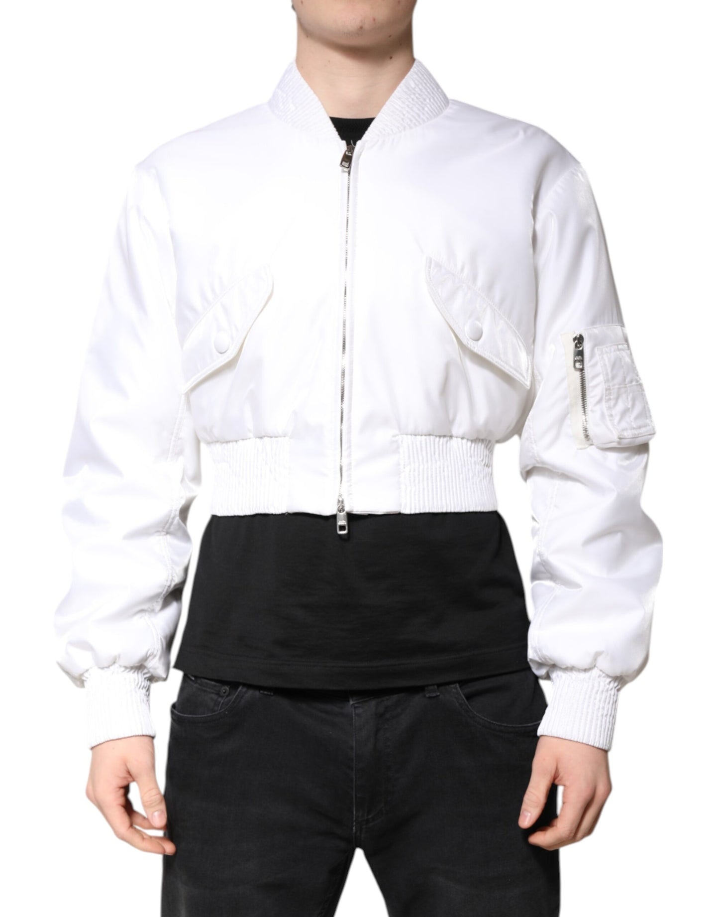 Dolce & Gabbana White Nylon Full Zip Cropped Bomber Jacket