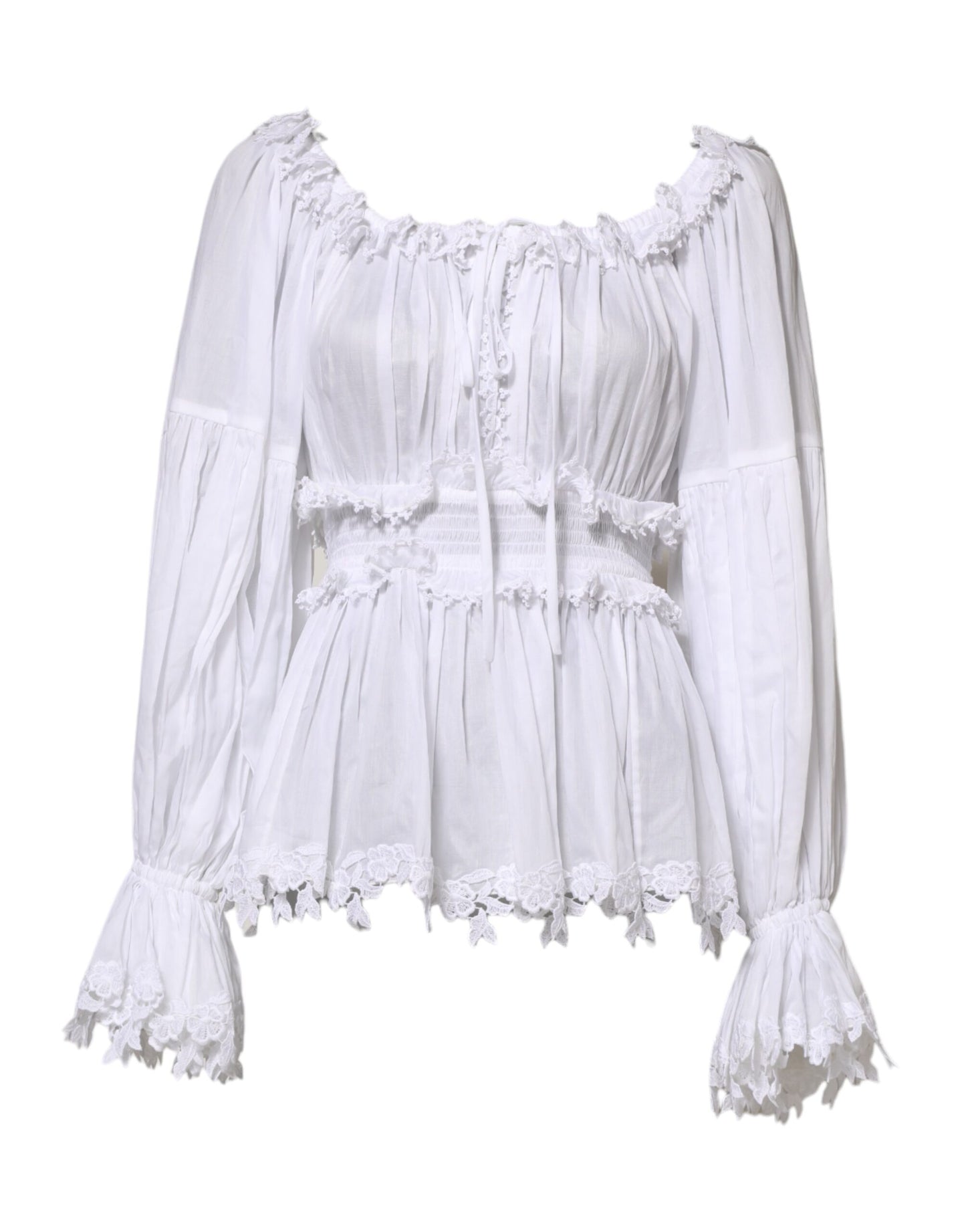 Dolce & Gabbana White Ruffled Lace Embellished Blouse Top