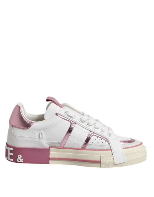 Dolce & Gabbana White Pink Leather Low Top Sneakers Shoes