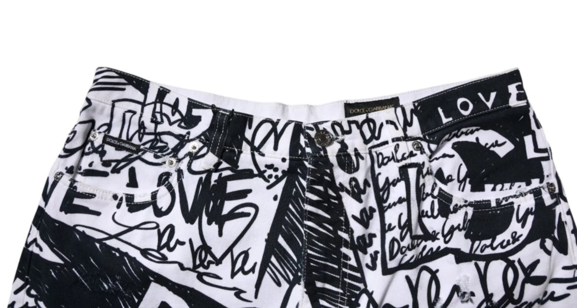 Dolce & Gabbana White Graffiti Cotton Men Bermuda Denim Shorts