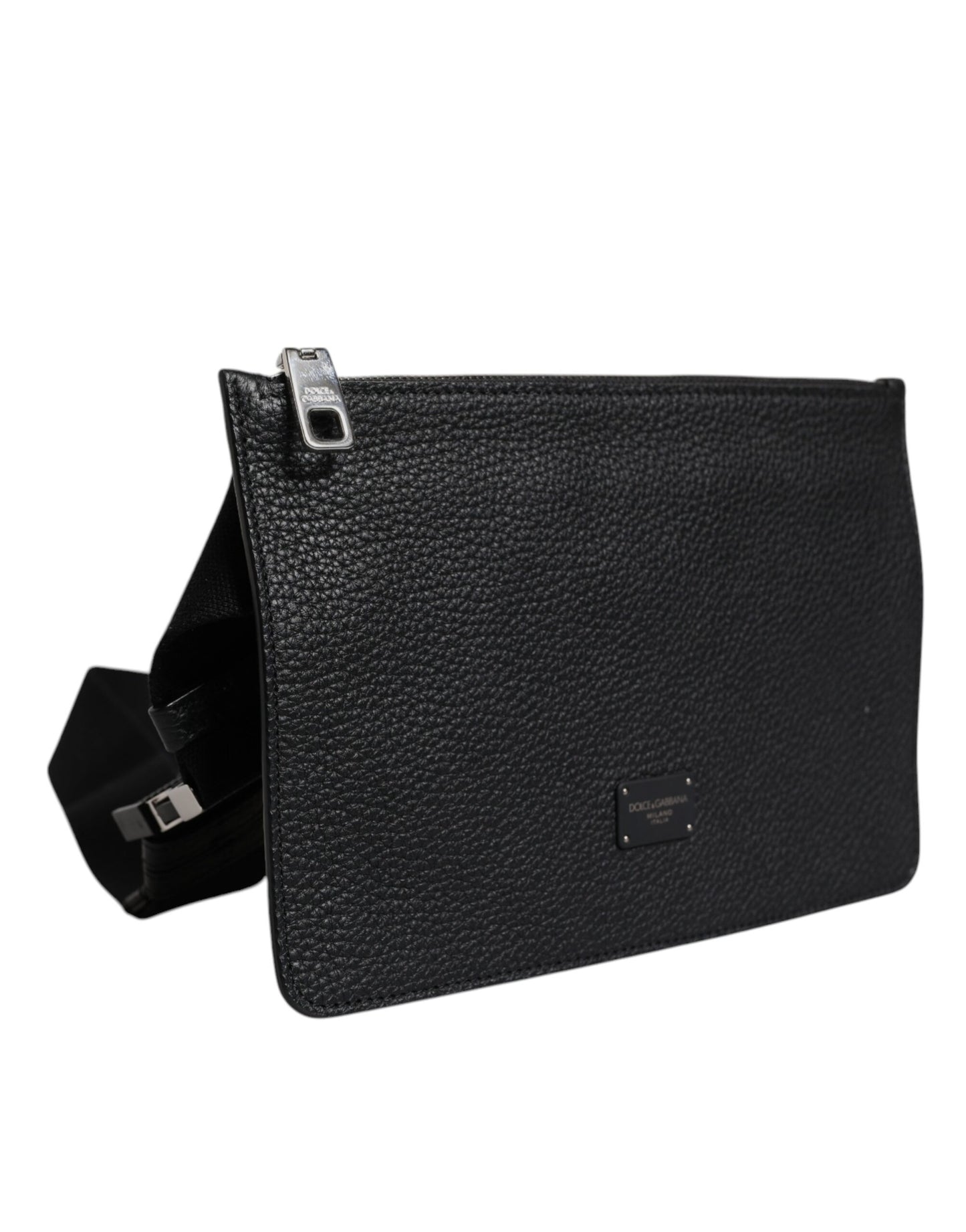 Dolce & Gabbana Black Leather Logo Embossed Men Waist Fanny Pack Bag