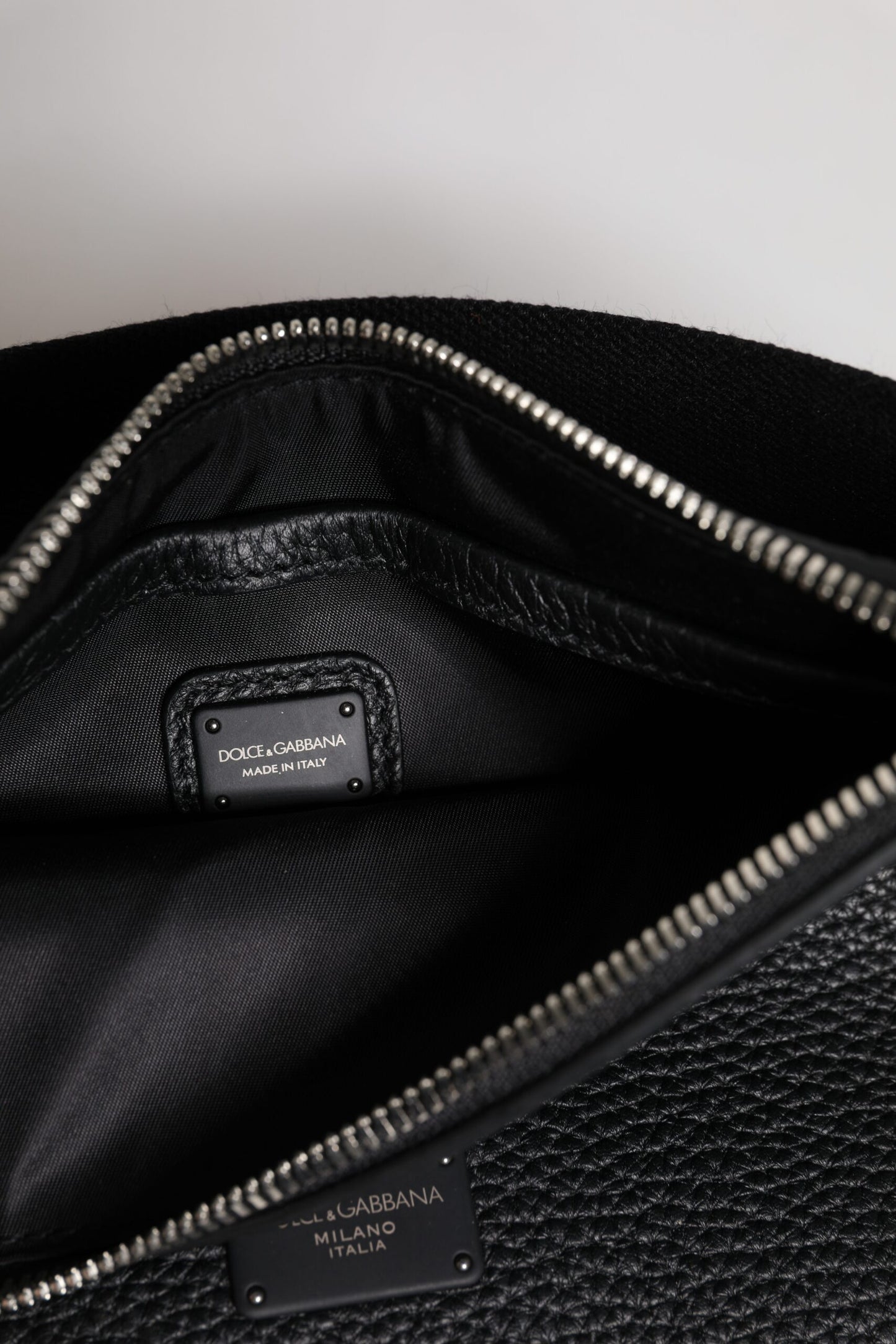 Dolce & Gabbana Black Leather Logo Embossed Men Waist Fanny Pack Bag