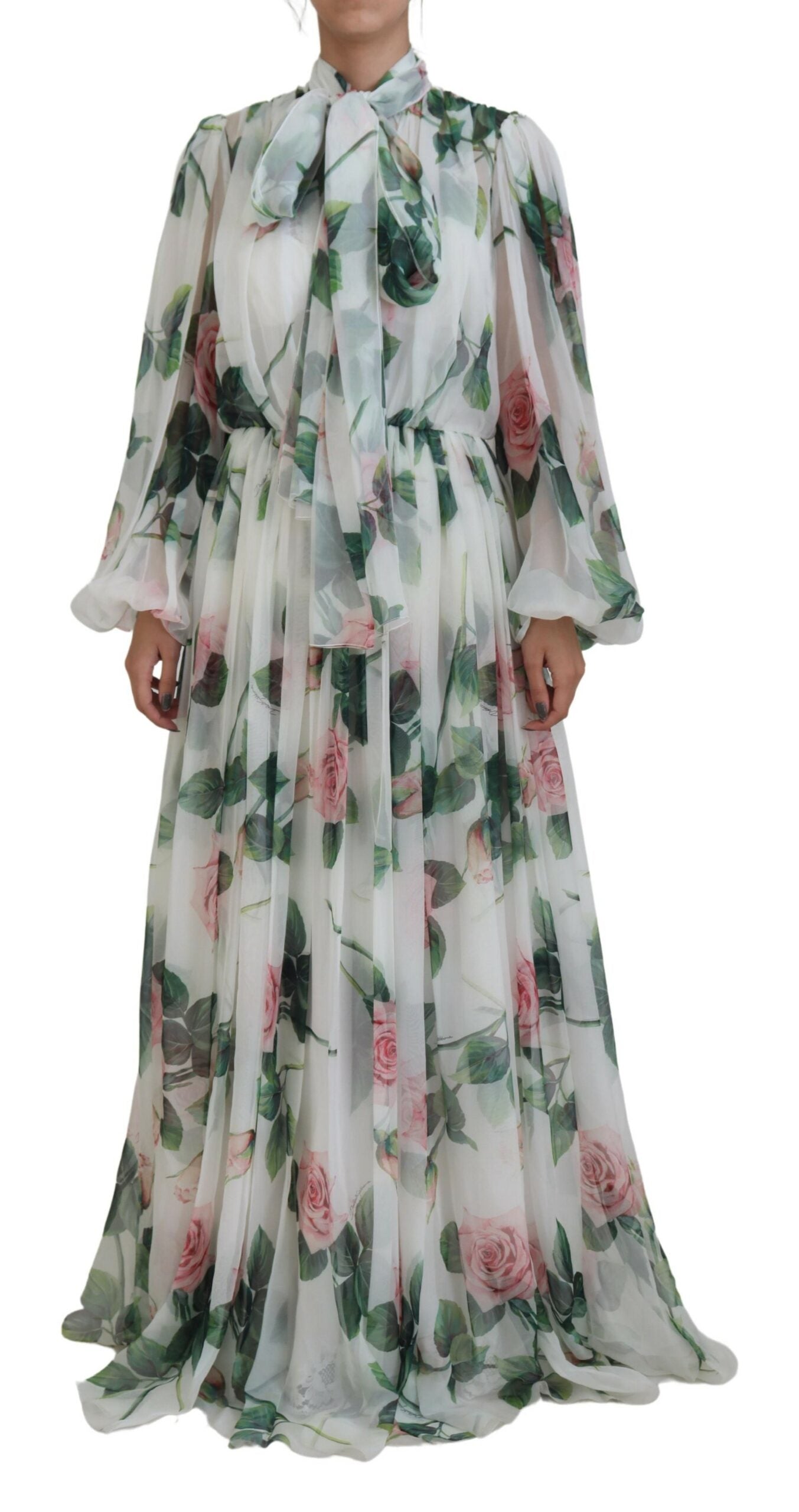 Dolce & Gabbana White Floral Roses Silk Maxi Long Gown Dress