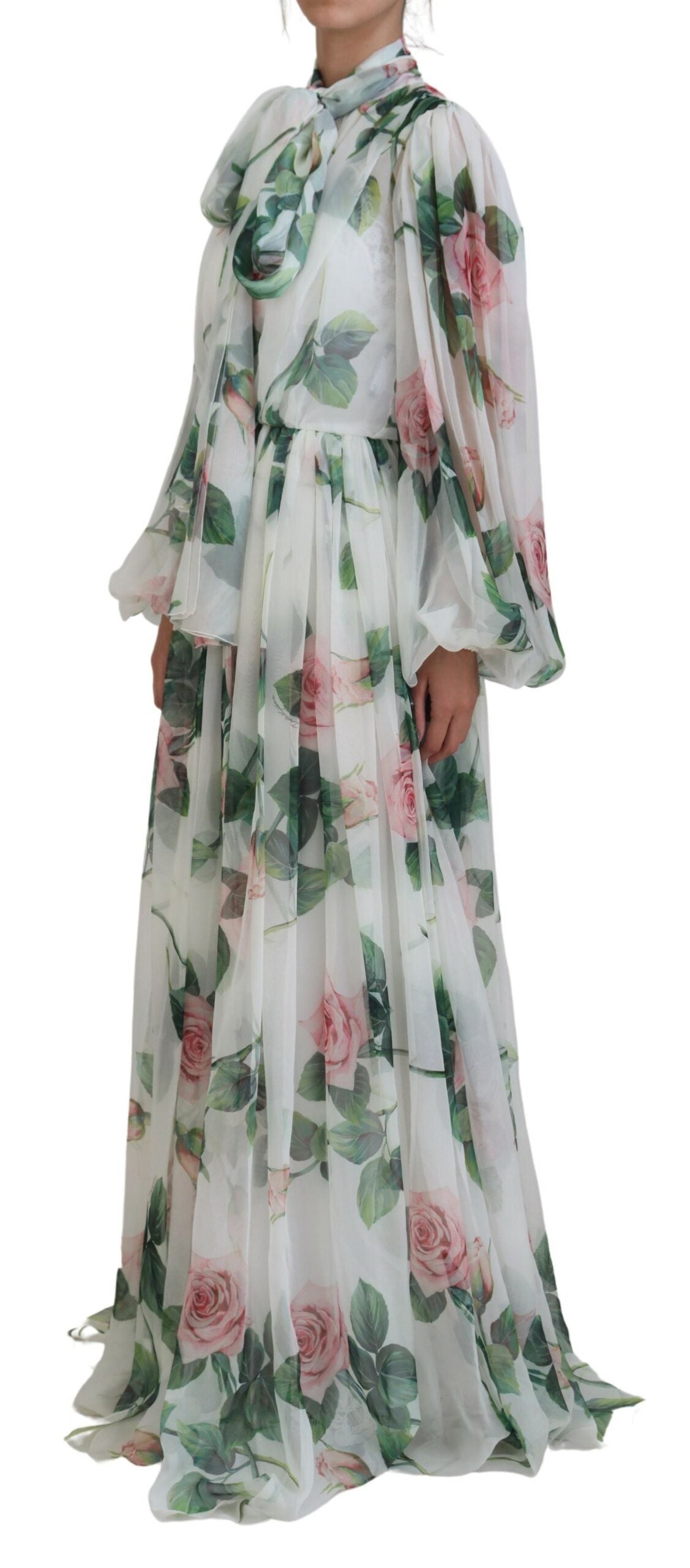 Dolce & Gabbana White Floral Roses Silk Maxi Long Gown Dress