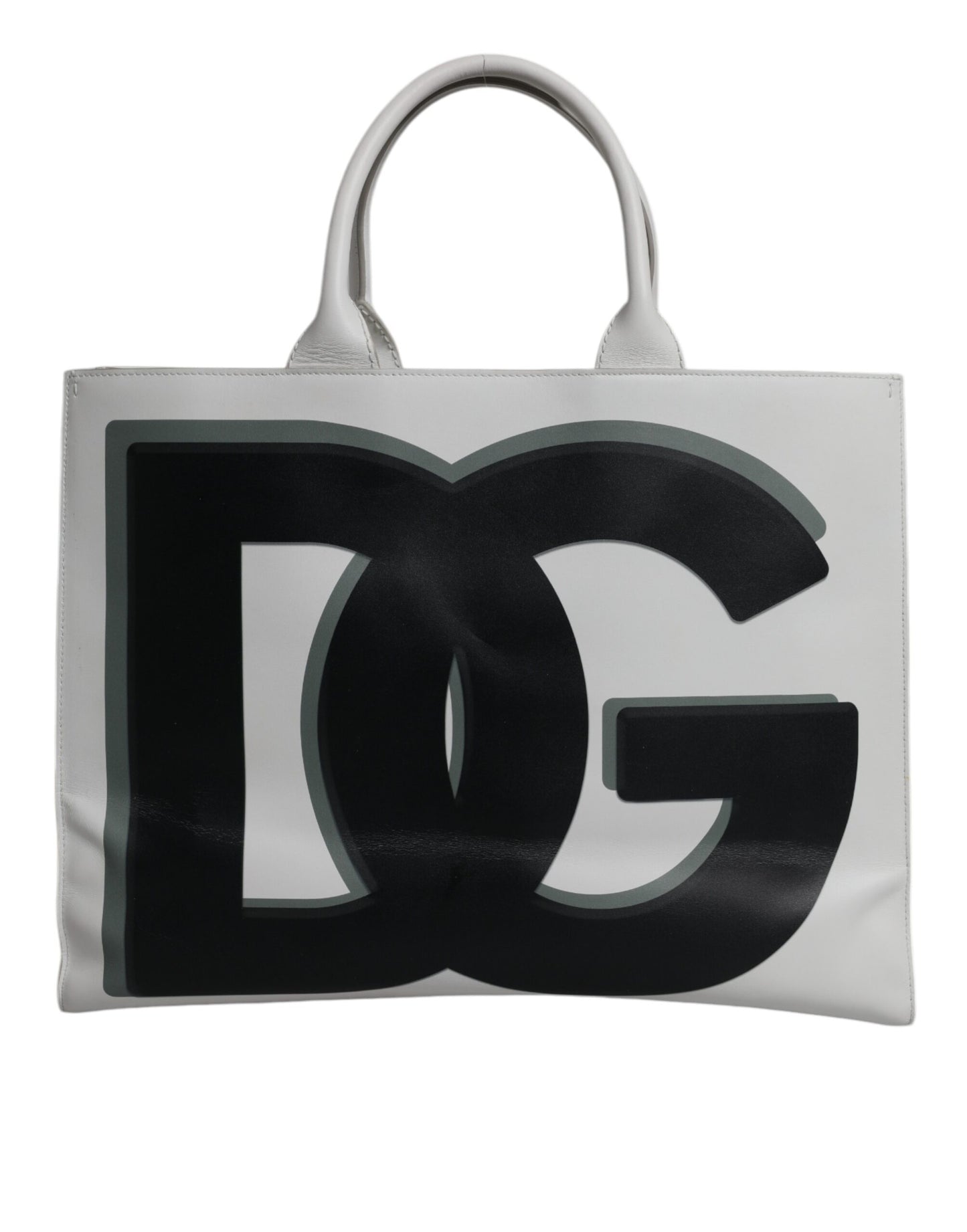 Dolce & Gabbana White Logo Print DG Daily Calfskin Shopping Tote Bag
