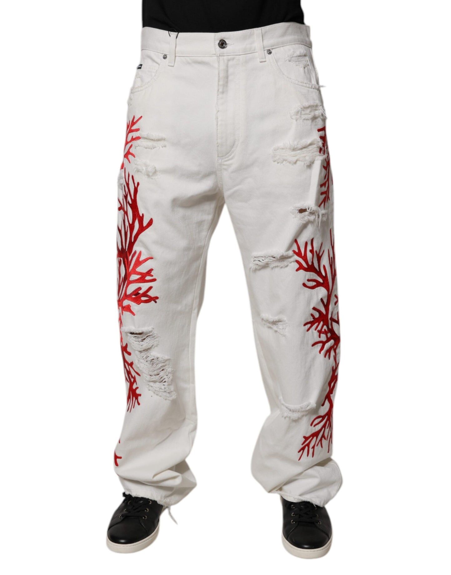 Dolce & Gabbana White Corals Tattered Straight Denim Jeans
