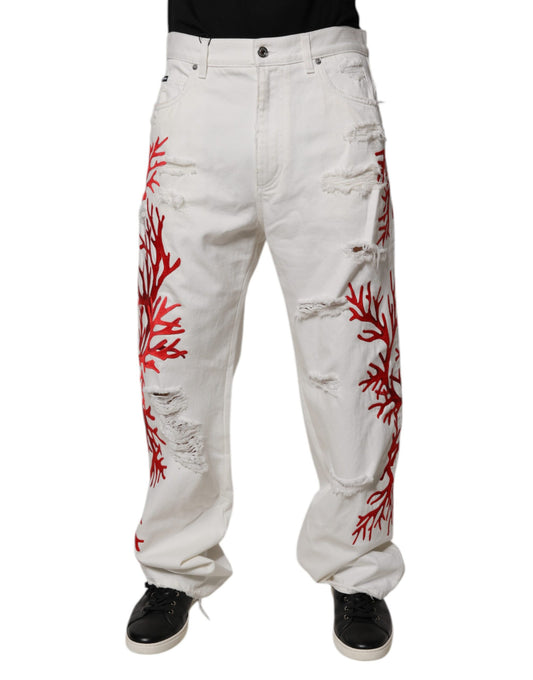 Dolce & Gabbana White Corals Tattered Straight Denim Jeans