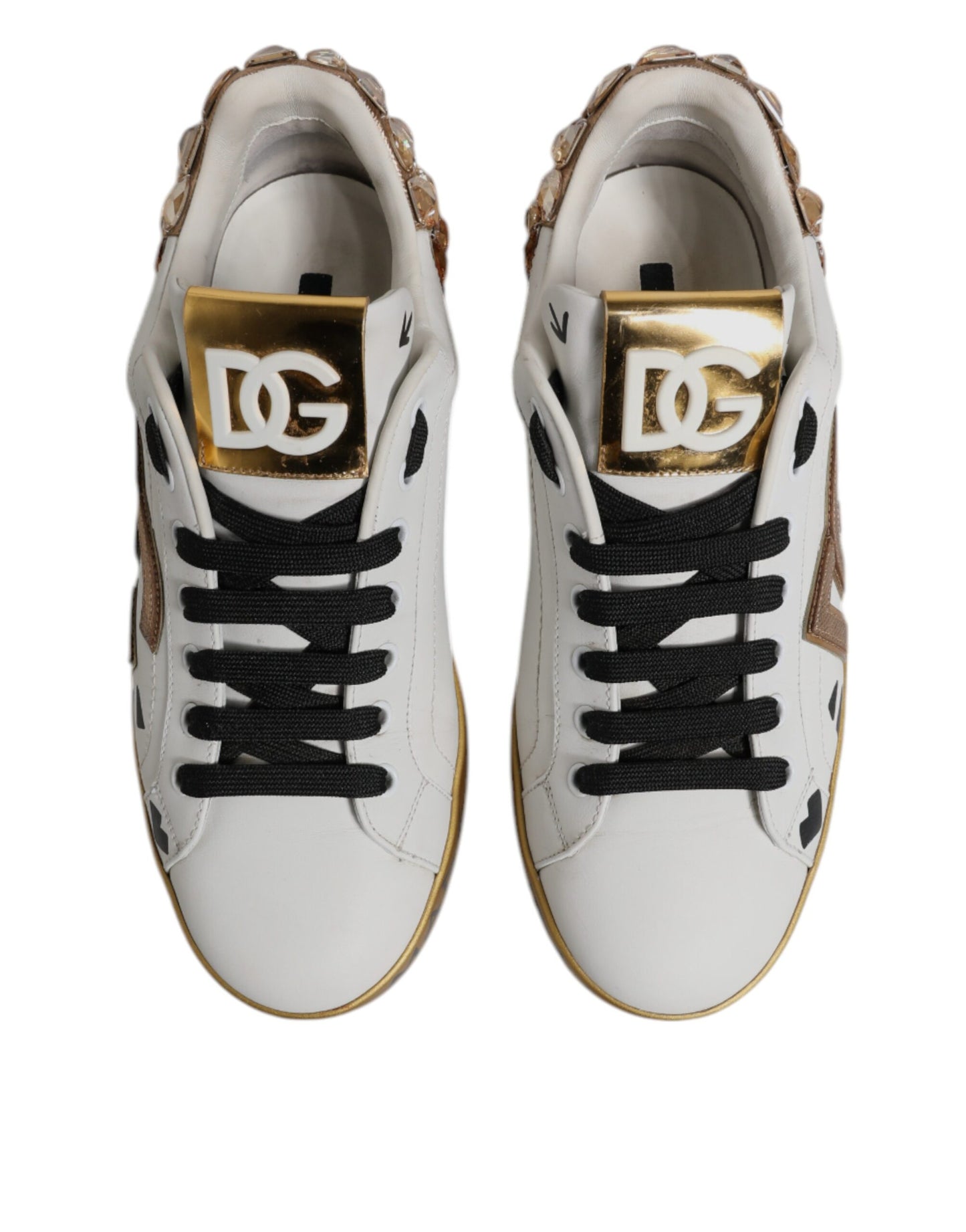 Dolce & Gabbana White Gold Crystal Logo Portofino Sneakers  Shoes