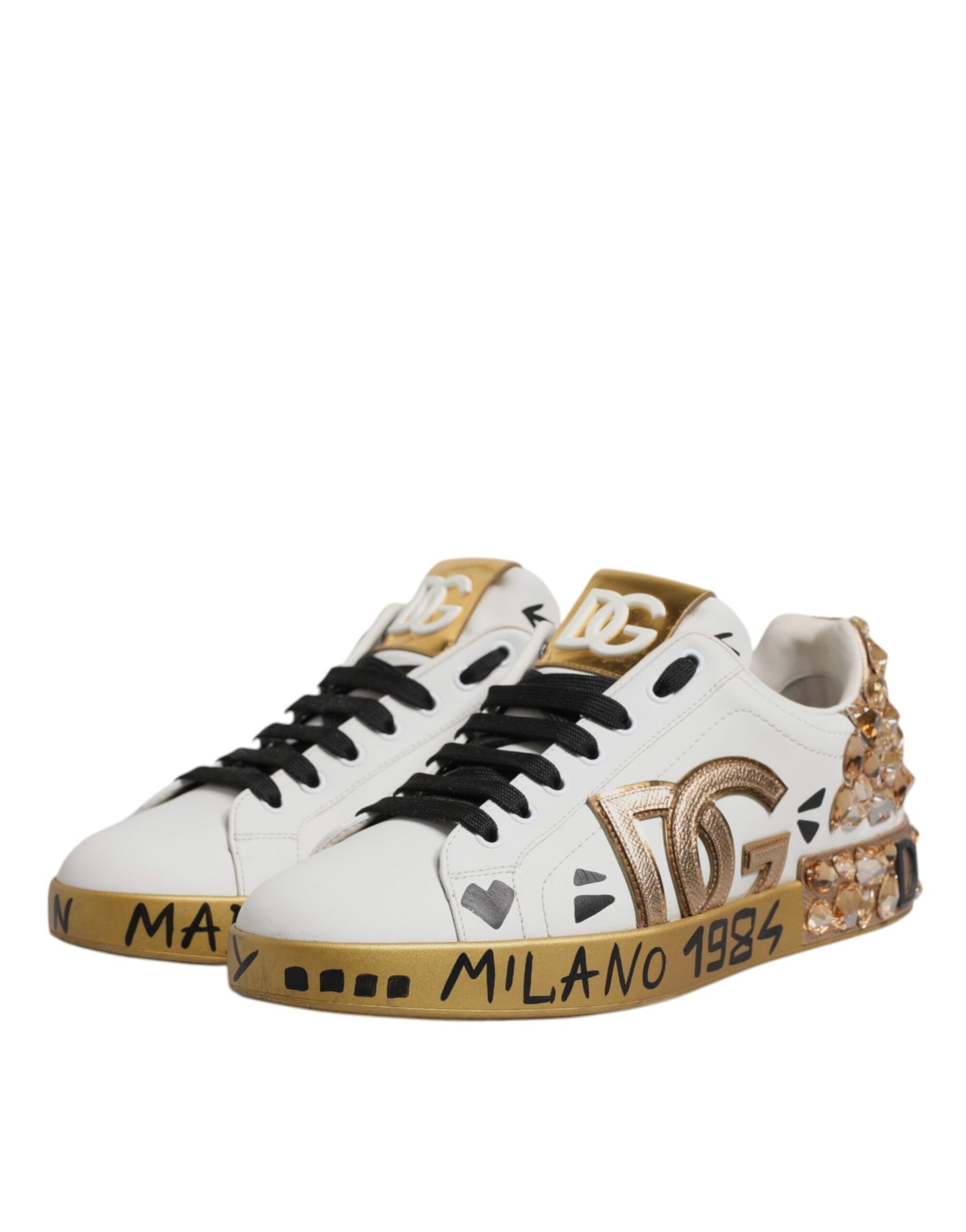 Dolce & Gabbana White Gold Crystal Logo Portofino Sneakers  Shoes