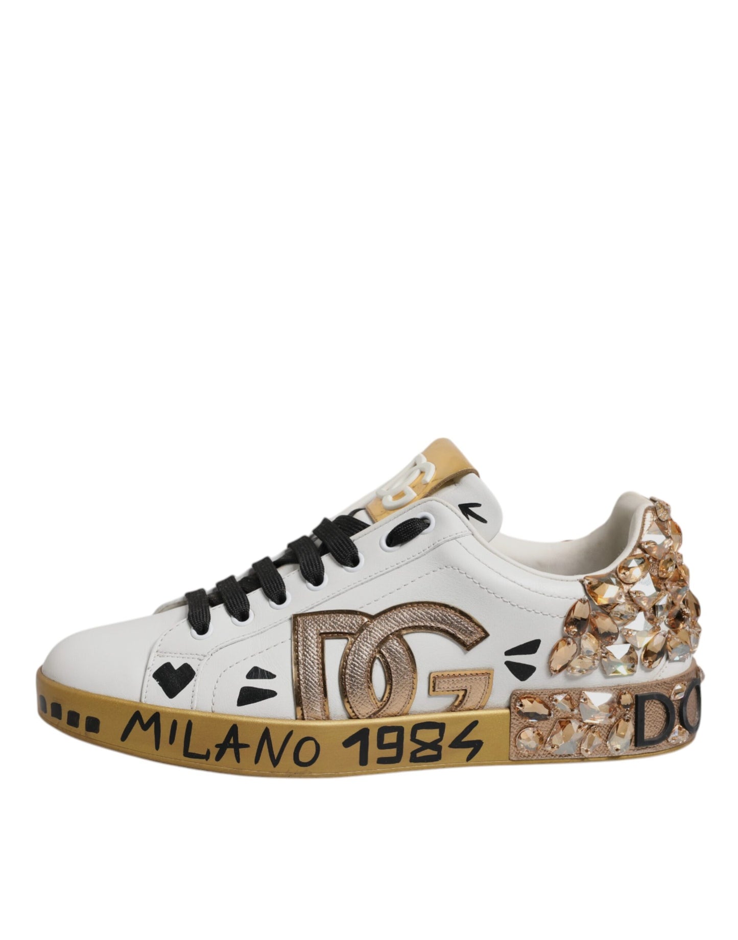 Dolce & Gabbana White Gold Crystal Logo Portofino Sneakers  Shoes