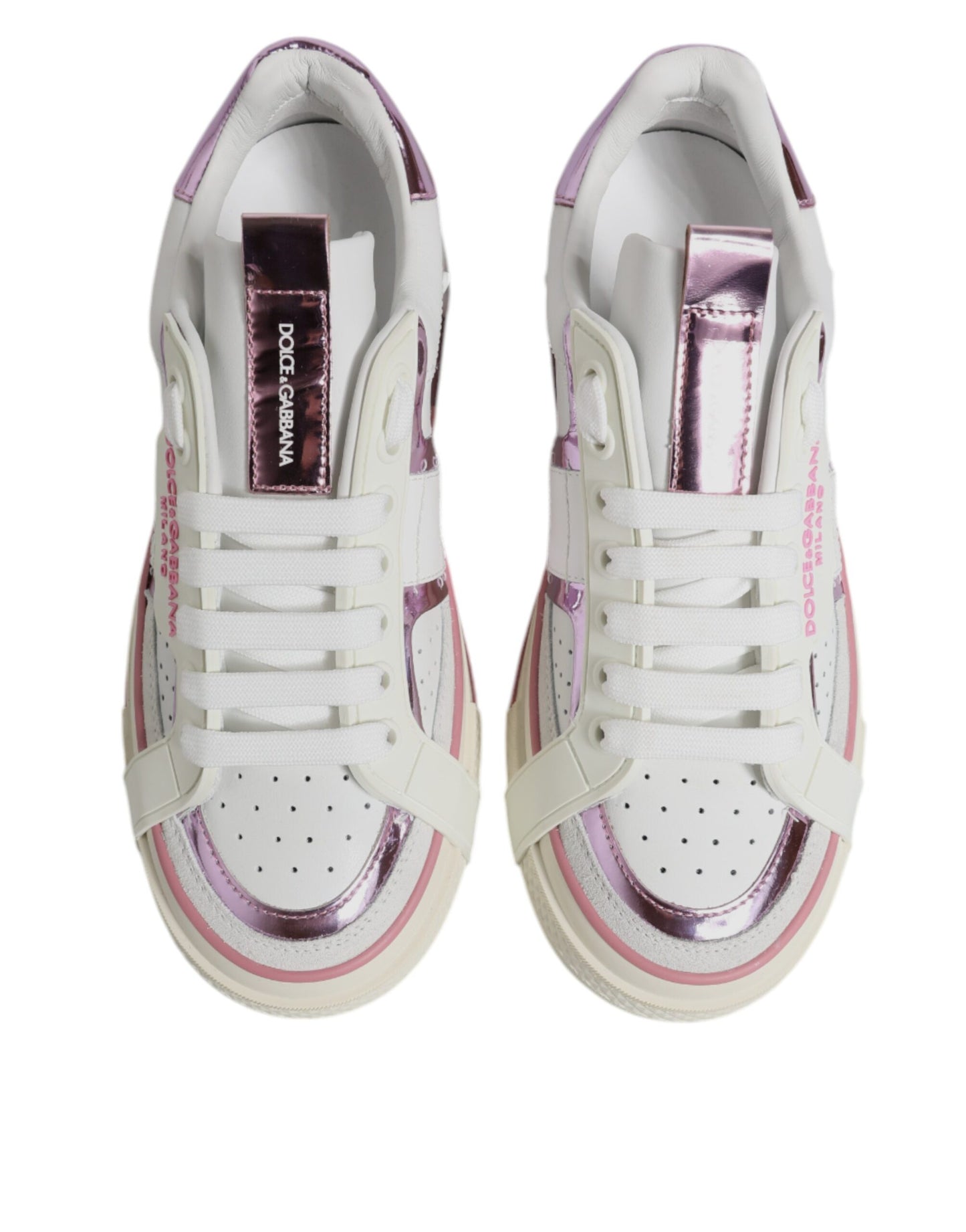 Dolce & Gabbana White Pink Leather Low Top Sneakers Shoes