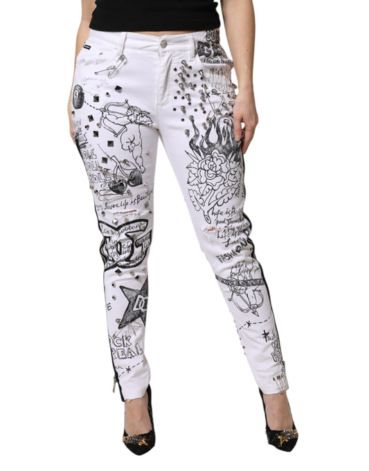 Dolce & Gabbana White Printed Embellished Skinny Denim Jeans