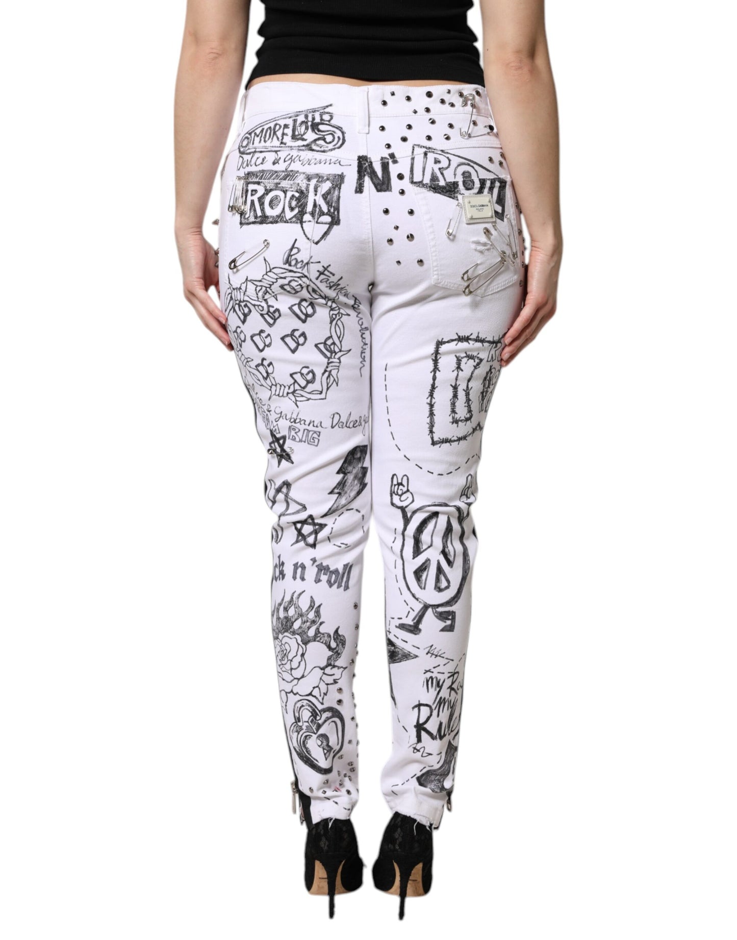 Dolce & Gabbana White Printed Embellished Skinny Denim Jeans
