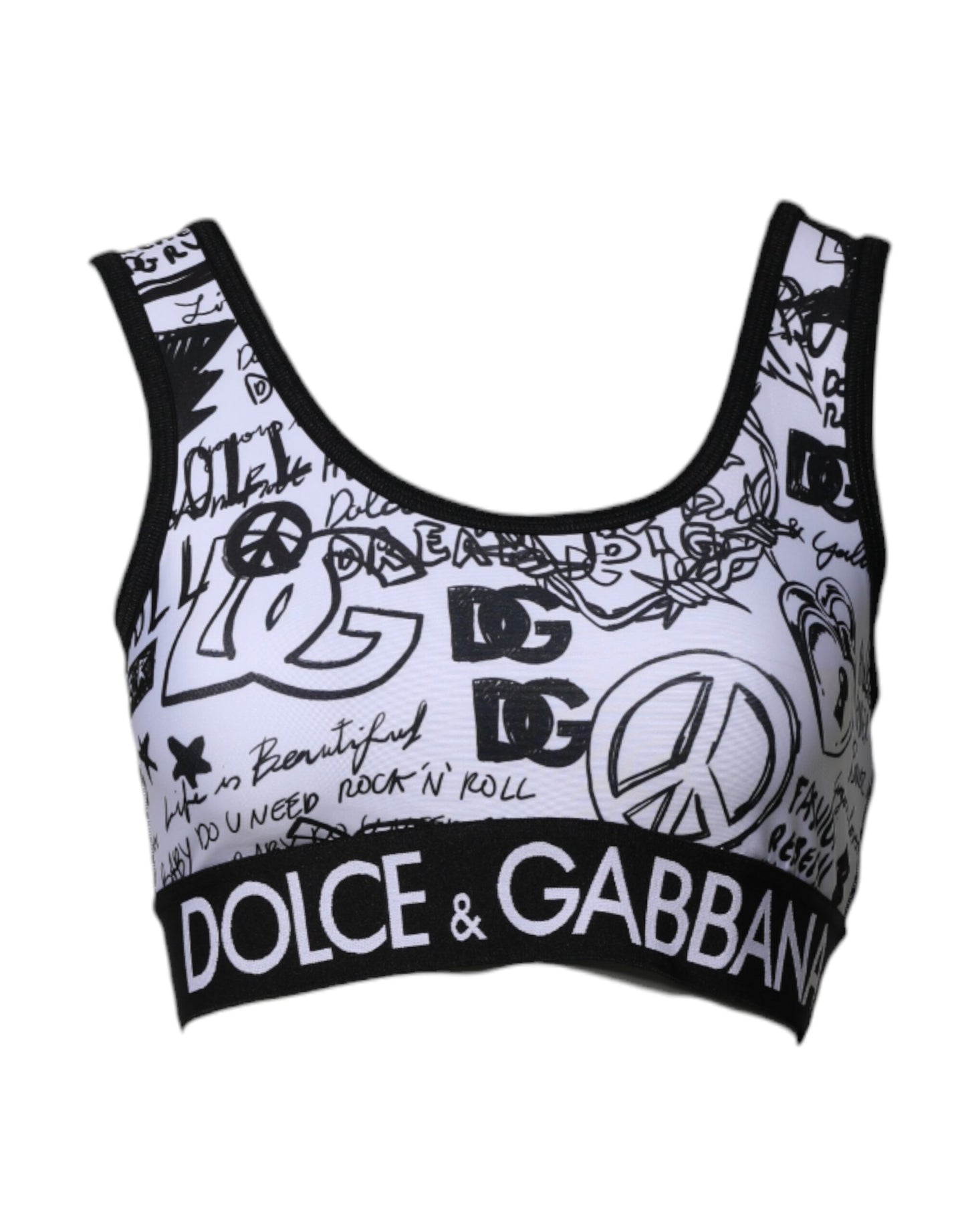 Dolce & Gabbana White Graffiti Print Logo Band Sports Bra Top