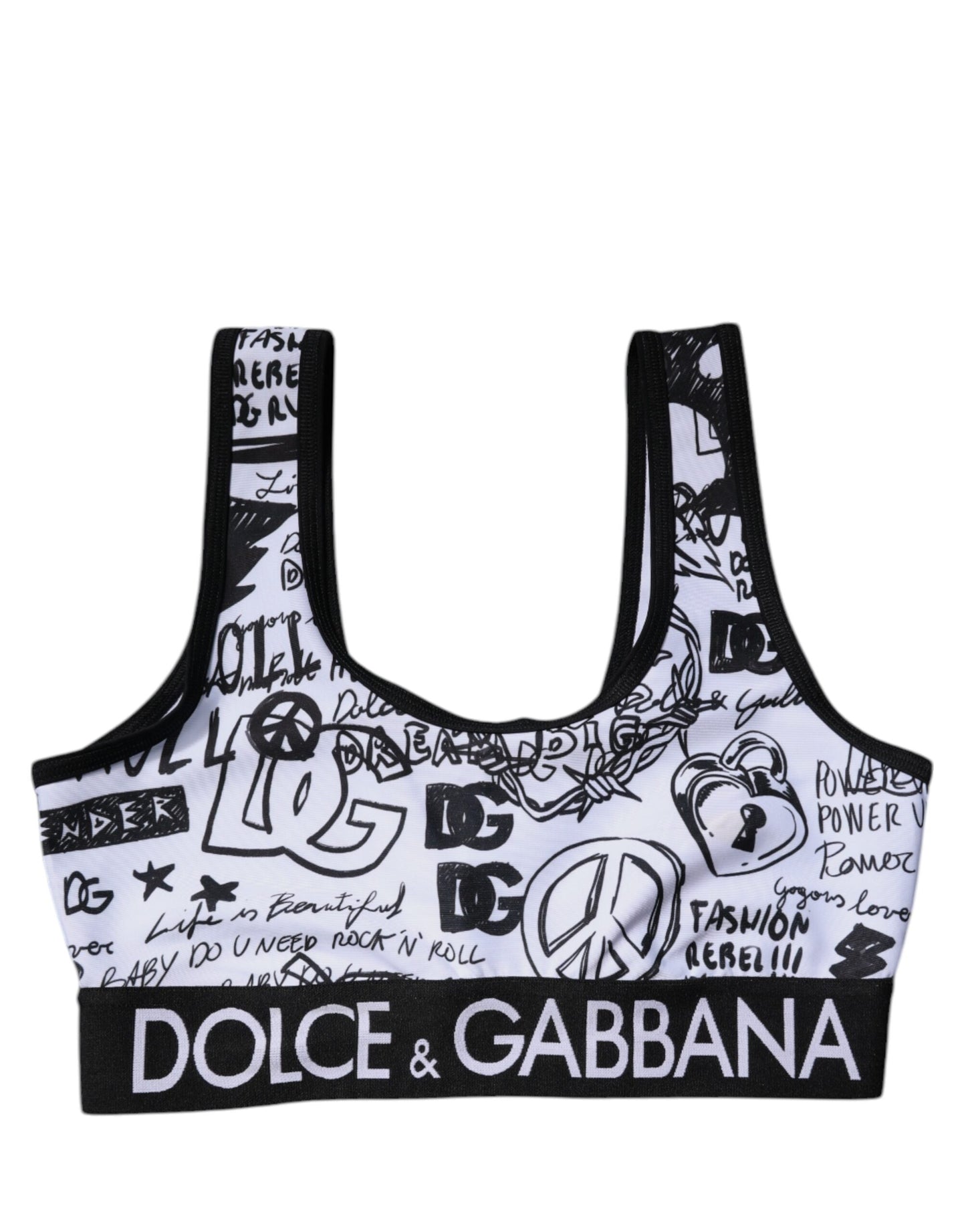 Dolce & Gabbana White Graffiti Print Logo Band Sports Bra Top