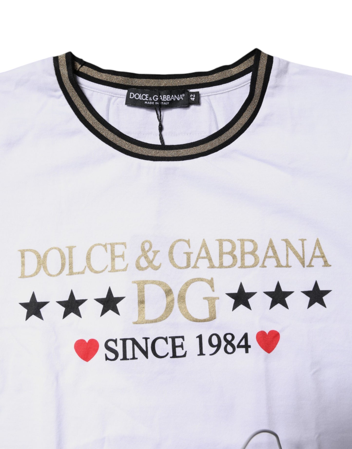 Dolce & Gabbana White Printed Round Neck Top Cotton T-shirt