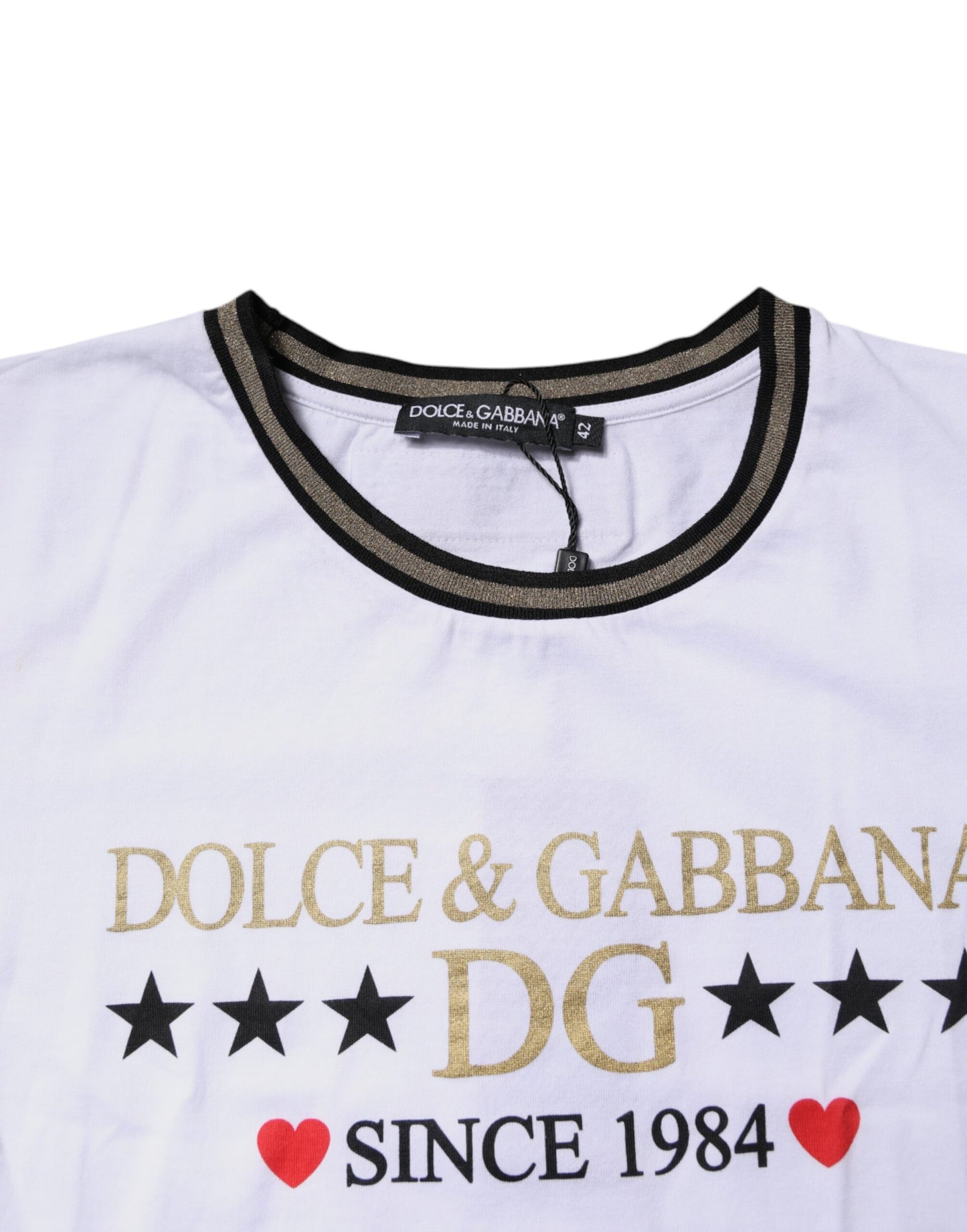 Dolce & Gabbana White Printed Round Neck Top Cotton T-shirt