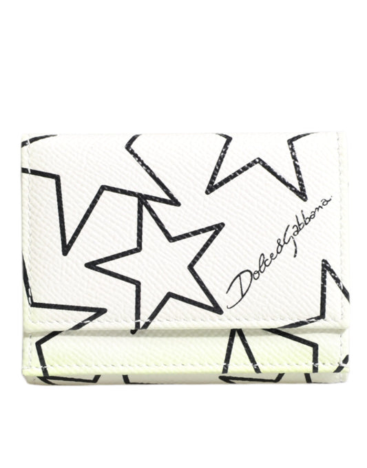 Dolce & Gabbana White Leather Trifold DG Star Print Card Holder Wallet