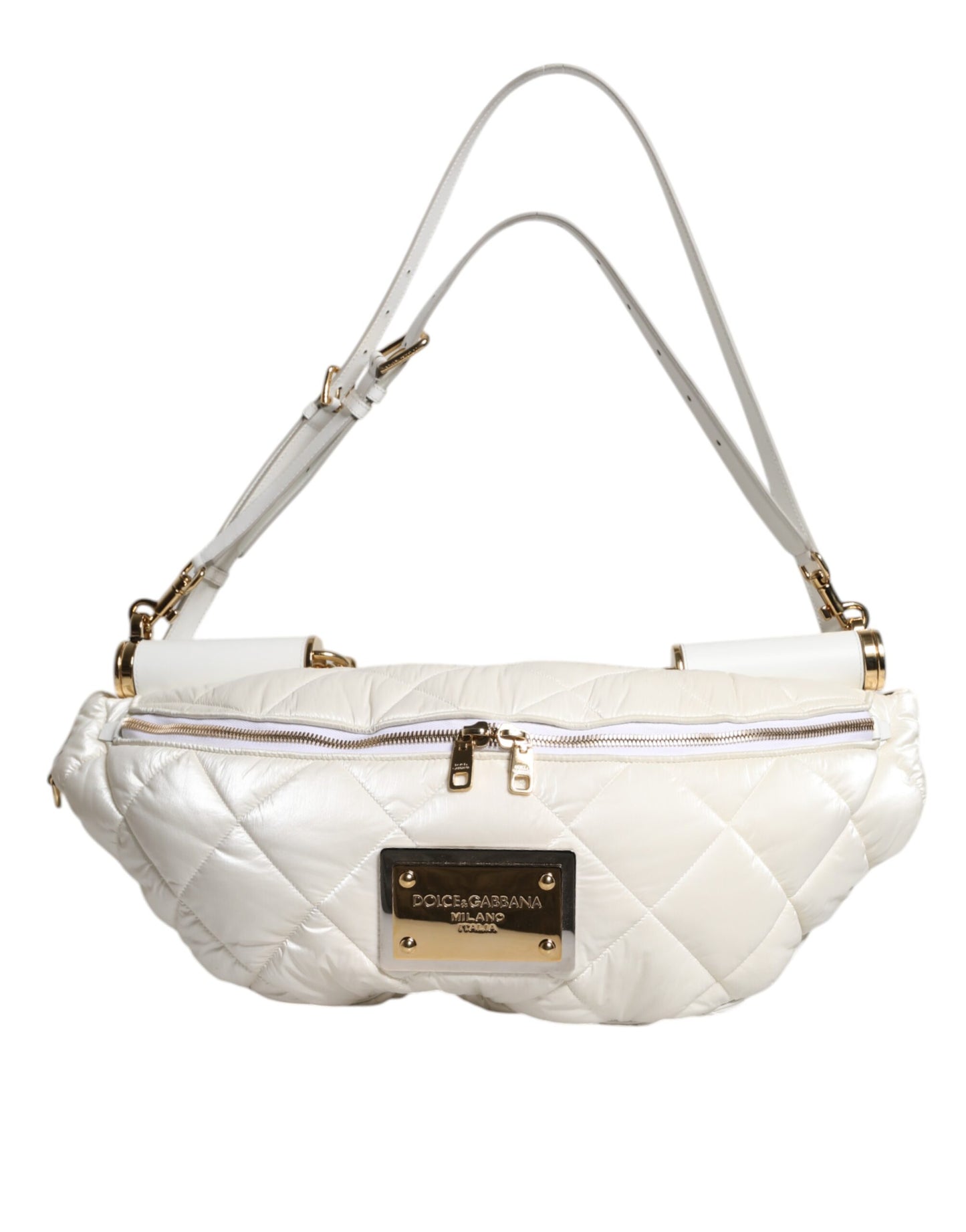 Dolce & Gabbana White Quilted Logo Plaque Belt Waist Fanny Pack Bag