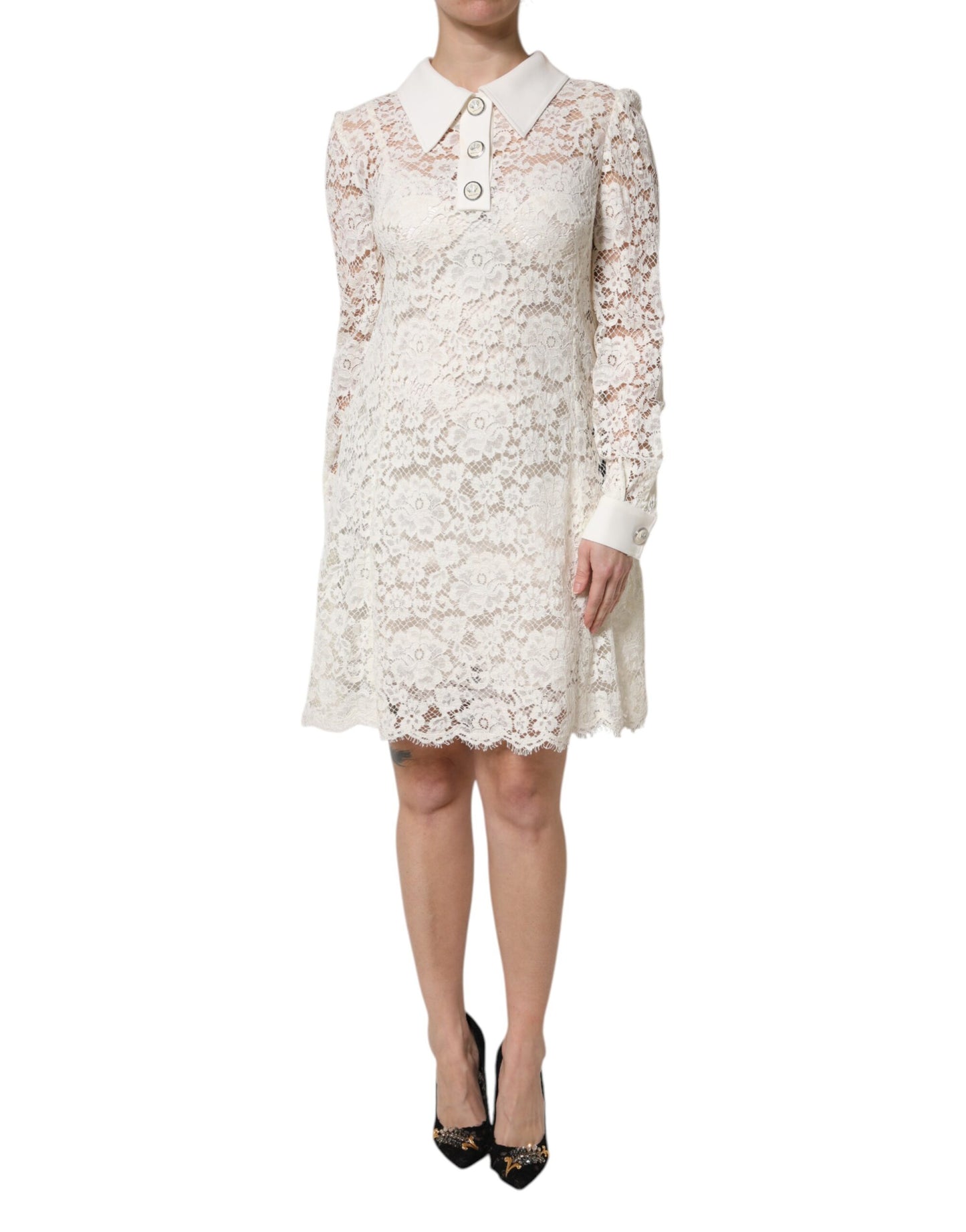 Dolce & Gabbana White Floral Lace Long Sleeves Shift Dress
