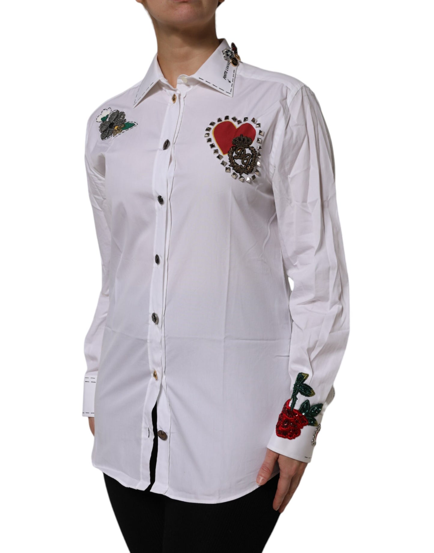 Dolce & Gabbana White Cotton Floral Embellished Shirt Top