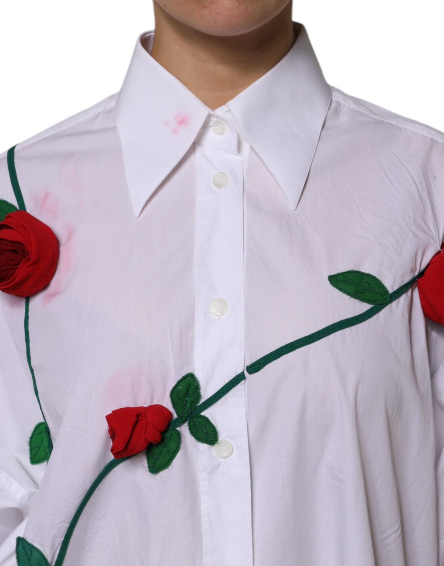 Dolce & Gabbana White Cotton Floral Appliques Dress Shirt Top