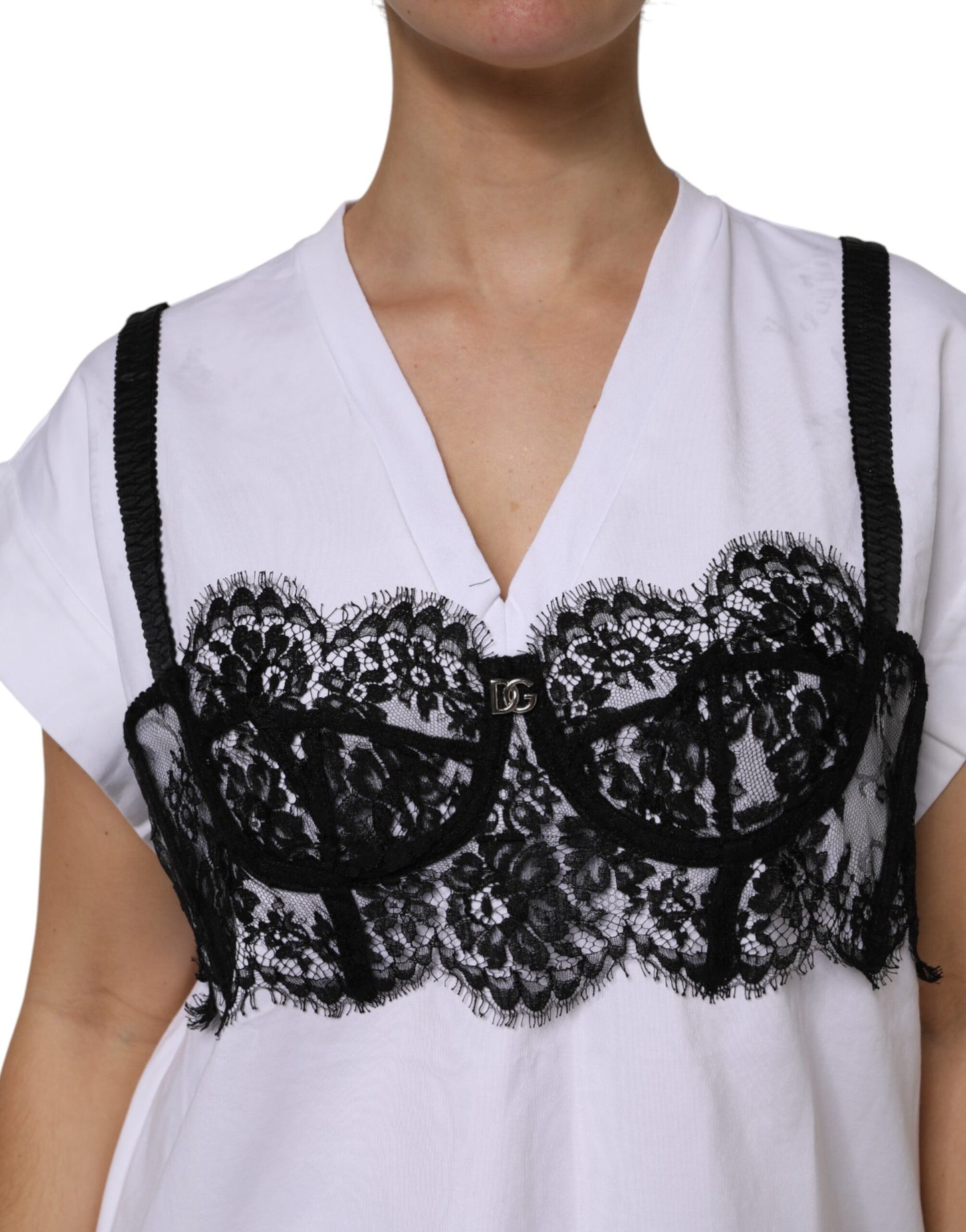 Dolce & Gabbana White Lace Cotton V-Neck Short Sleeves Top