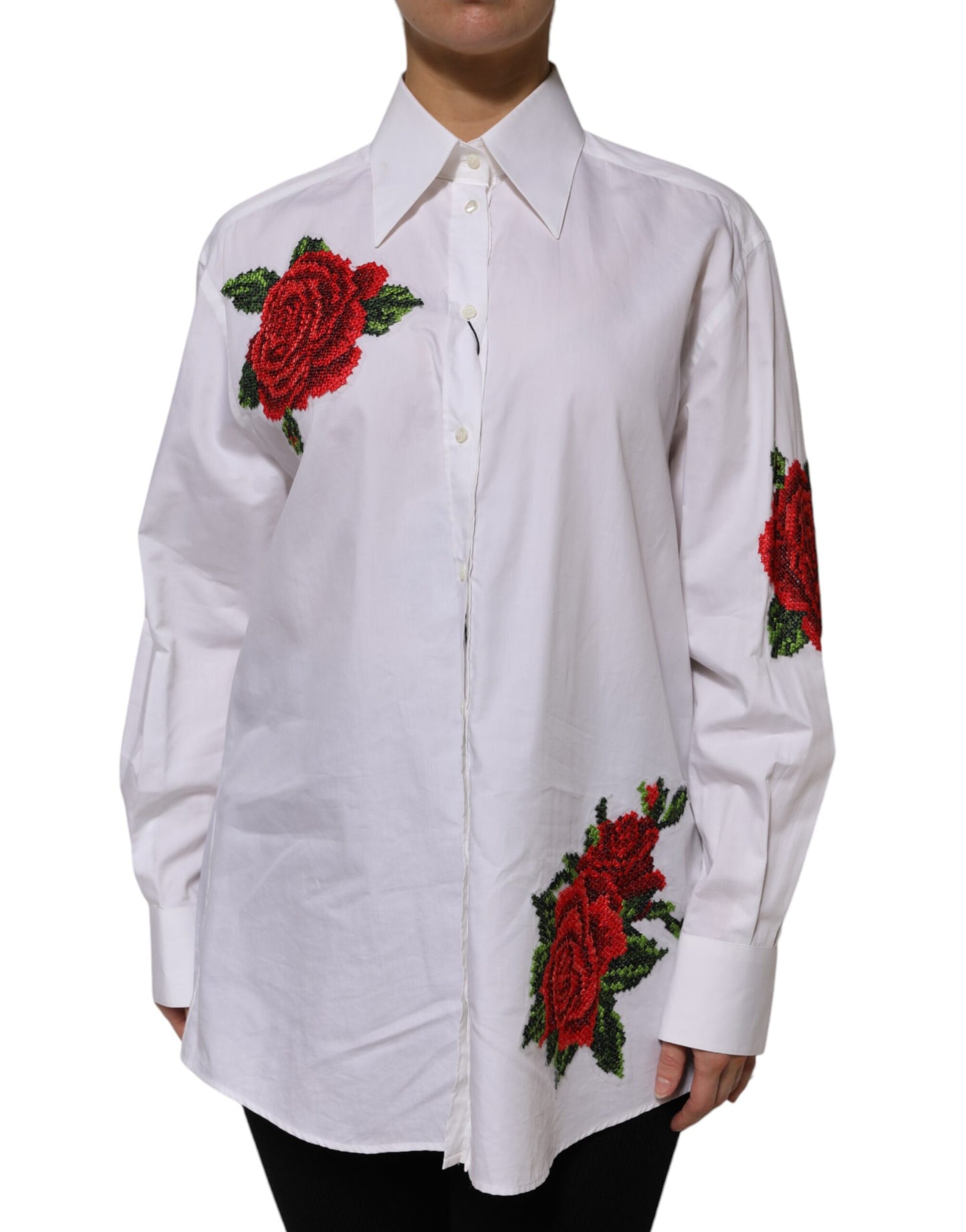 Dolce & Gabbana White Floral Cotton Collared Shirt Top
