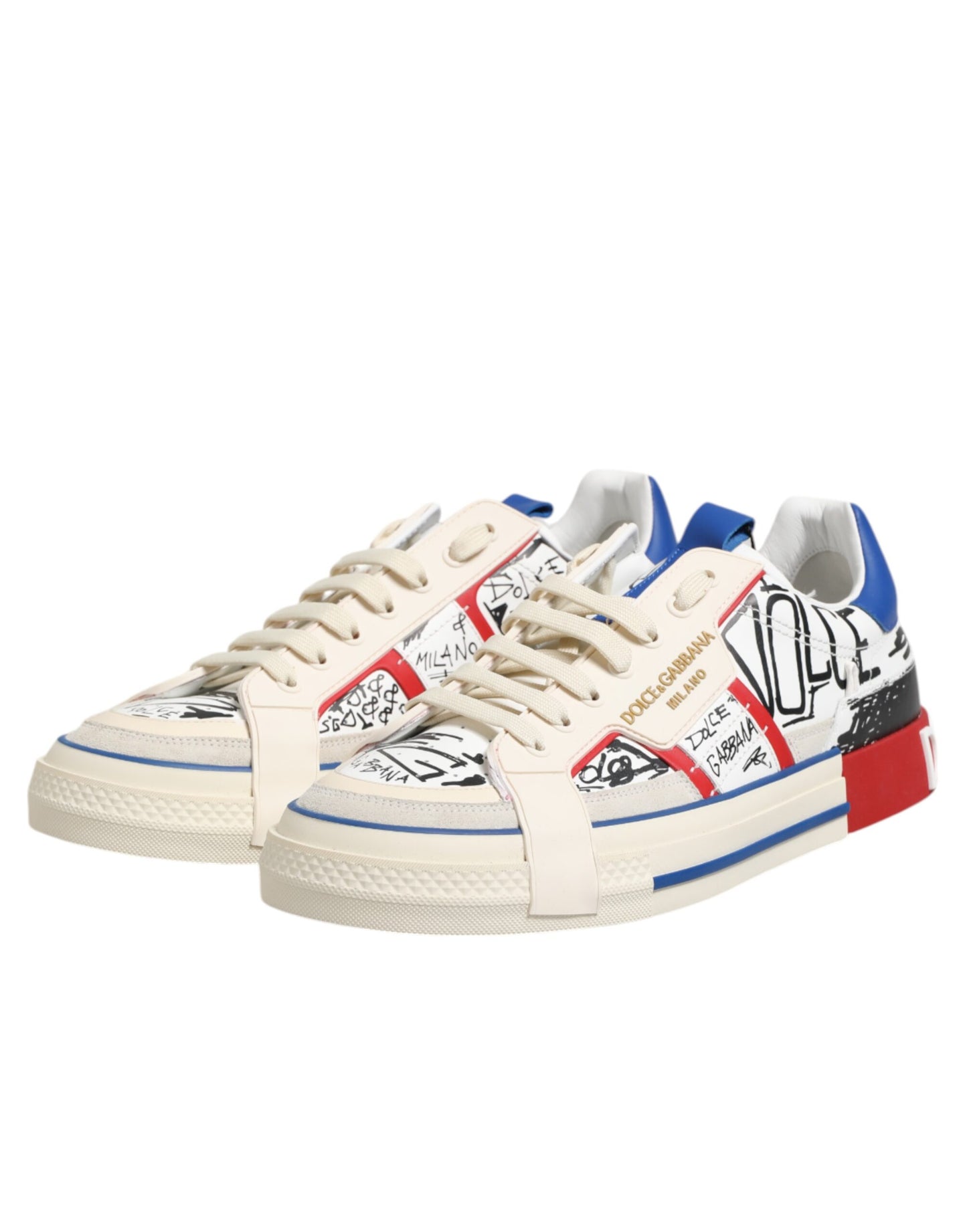 Dolce & Gabbana White Printed Leather Low Top Sneakers Shoes