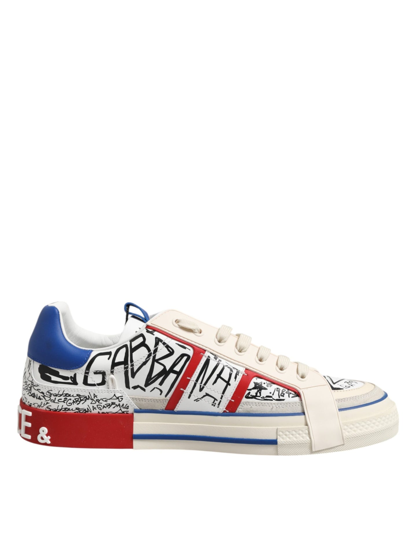 Dolce & Gabbana White Printed Leather Low Top Sneakers Shoes