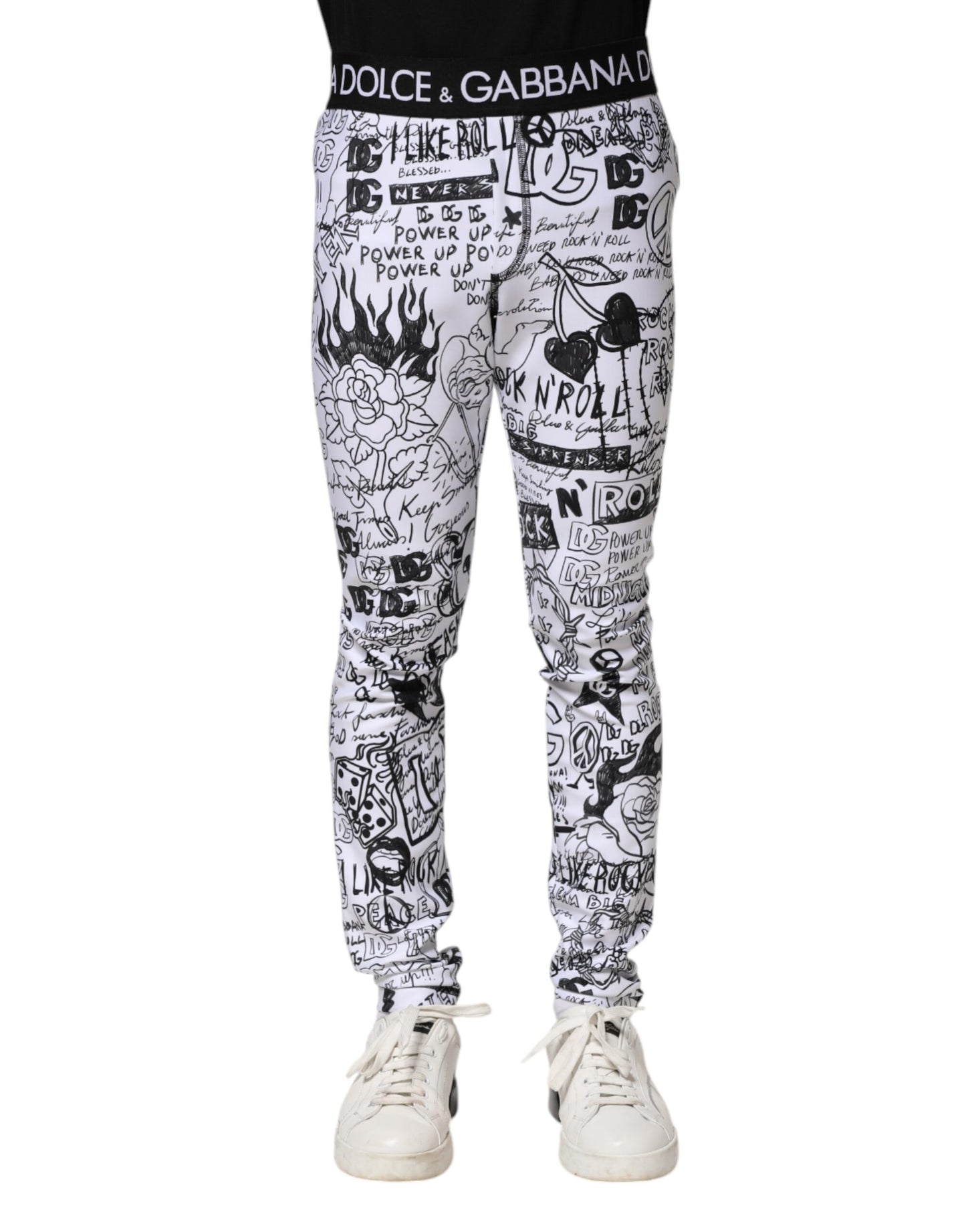 Dolce & Gabbana White Graffiti Skinny Men Jogger Pants