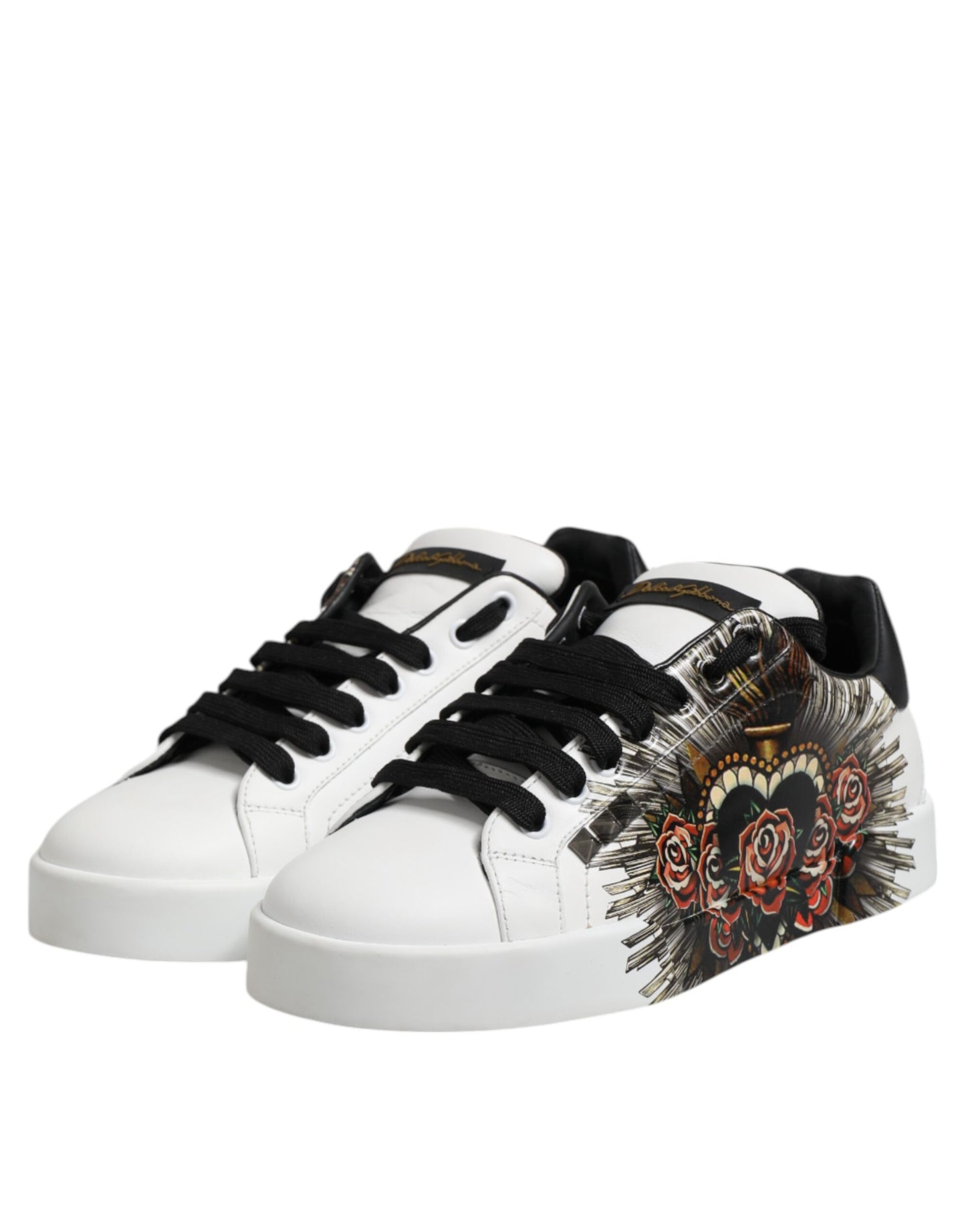 Dolce & Gabbana White Leather Heart Print Sneakers Shoes