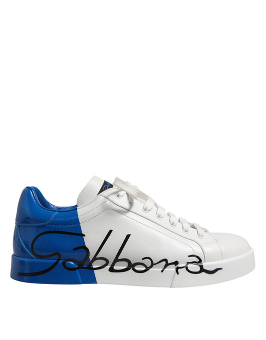 Dolce & Gabbana White Blue Low Top Leather Men Sneakers Shoes