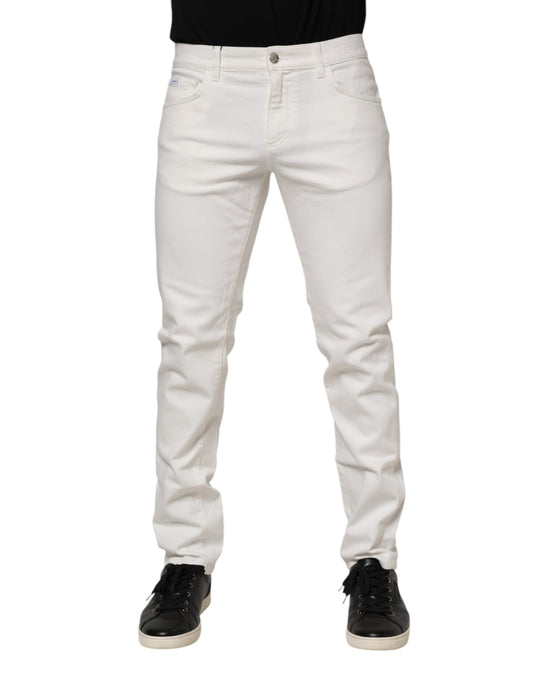 Dolce & Gabbana White Cotton Logo Plaque Slim Fit Denim Jeans
