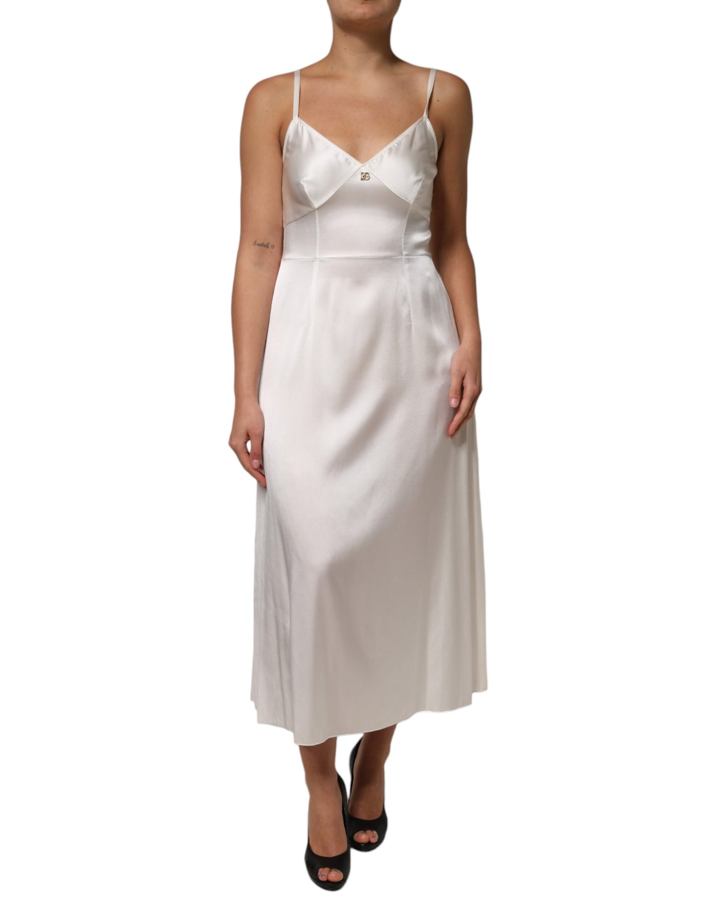 Dolce & Gabbana White DG Logo Full Slip Silk Dress Sleepwear