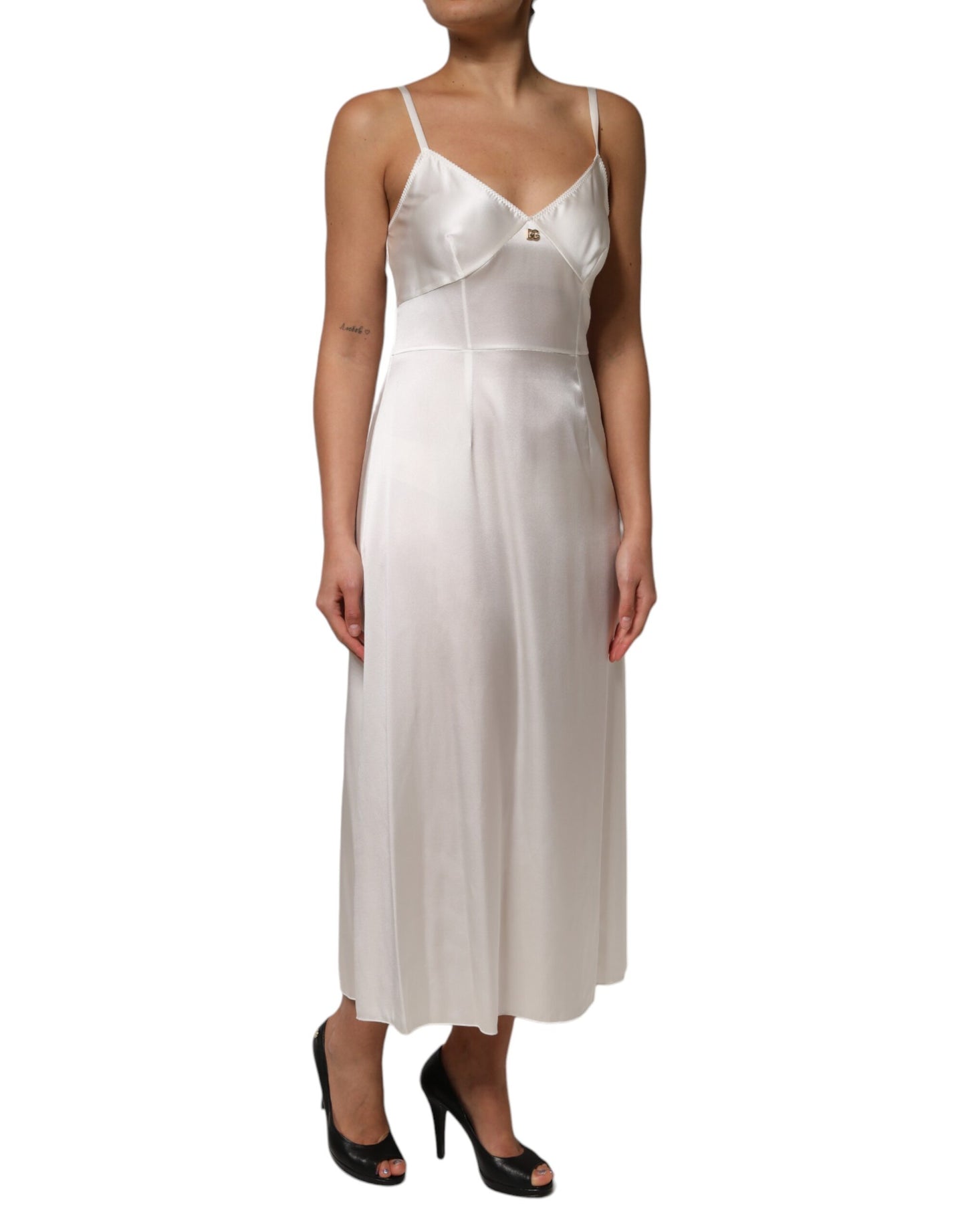 Dolce & Gabbana White DG Logo Full Slip Silk Dress Sleepwear