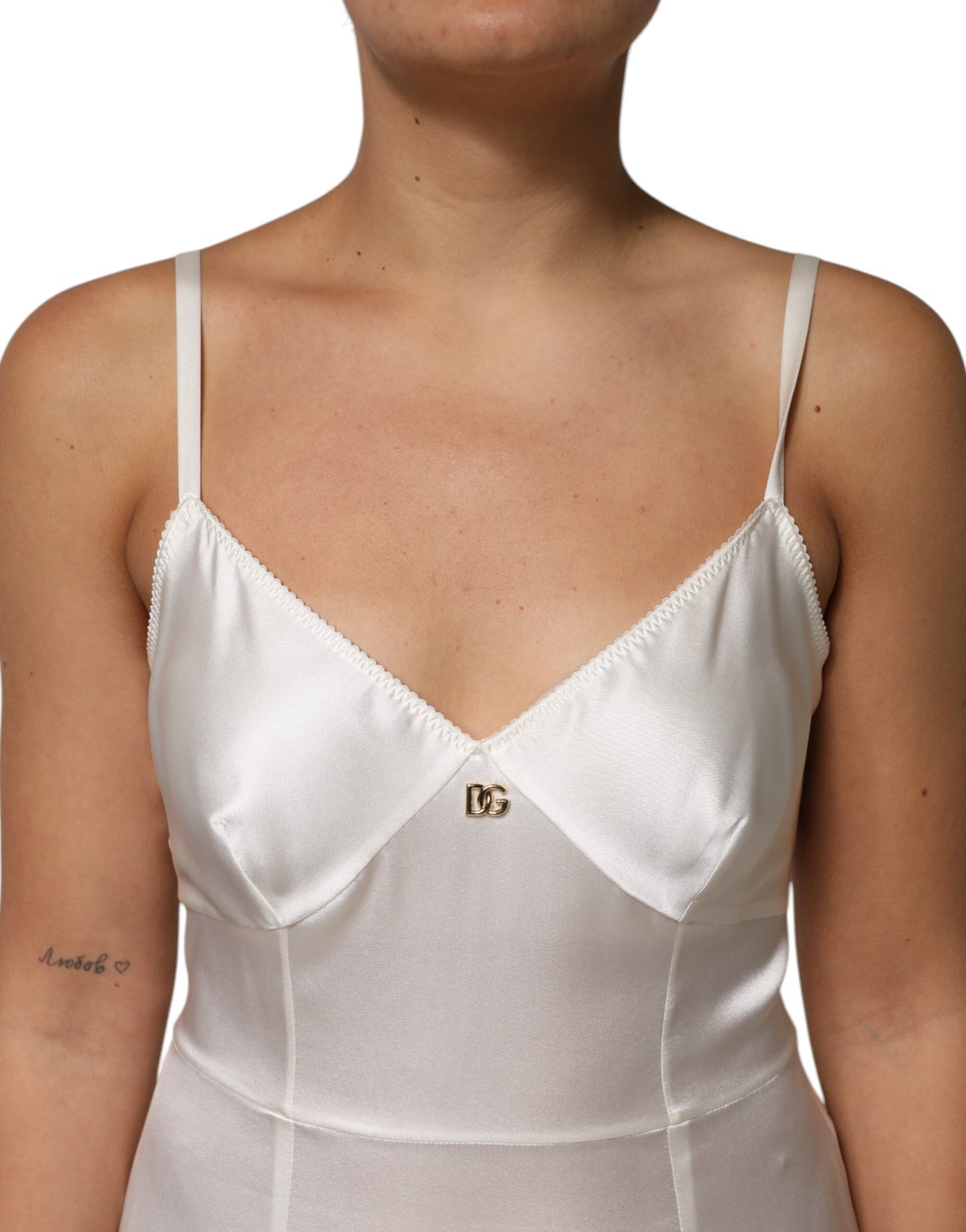 Dolce & Gabbana White DG Logo Full Slip Silk Dress Sleepwear