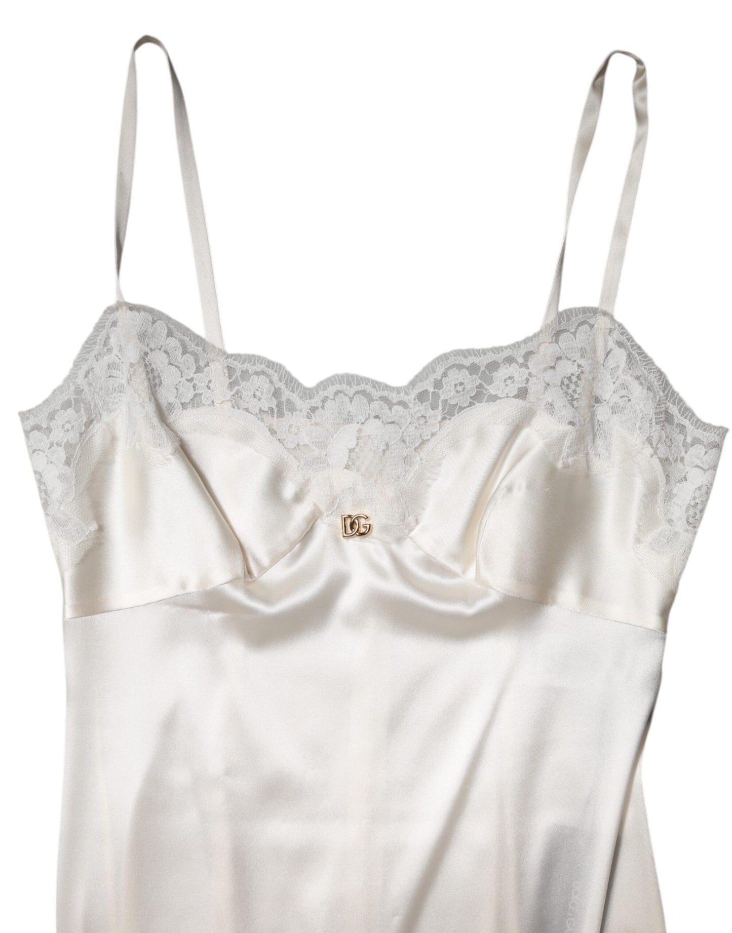Dolce & Gabbana White Lace Gold DG Logo Silk Dress Sleepwear