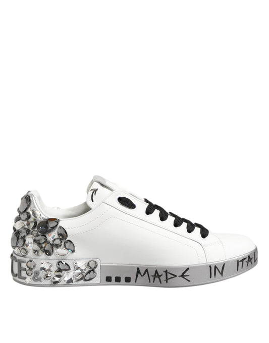 Dolce & Gabbana White Leather Crystal Portofino Sneakers Shoes