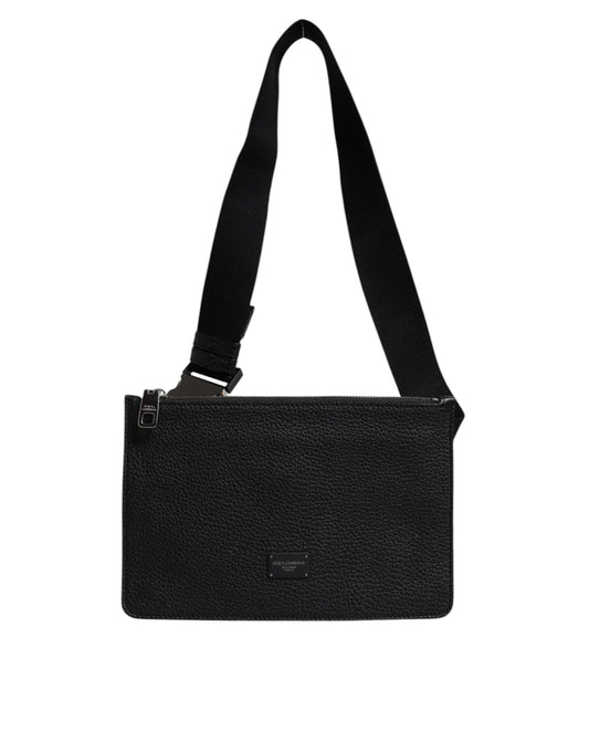 Dolce & Gabbana Black Leather Logo Embossed Men Waist Fanny Pack Bag